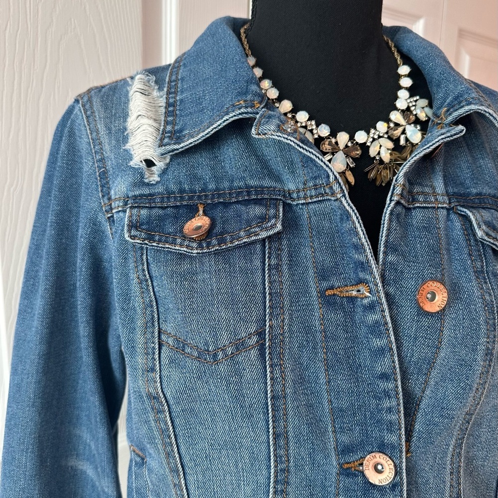 Ci Sono Medium Wash Distressed Denim Jacket Rose Gold Buttons size L - Picture 6 of 11